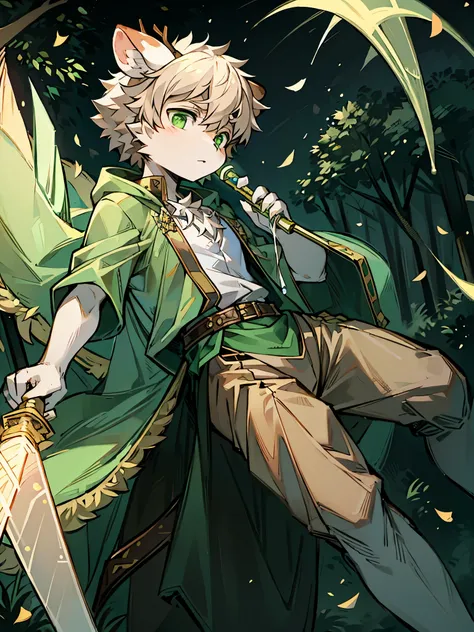 a white deer，Lovely shota，green pupils，in the woods，Holding a sword in hand，Sword at waist，bamboo forest，Falling leaves，dense woods，The action of drawing the sword，knight，cloak，lightsaber，magic，sword floating in the air，antlers