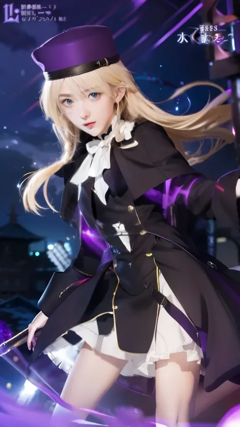 anime girl in a black coat and hat with a purple background, anime style like fate/stay night, anime girl wearing a black dress, anime visual of a cute girl,  in dress, blonde anime girl with long hair, light novel cover art, female anime character, gothic...