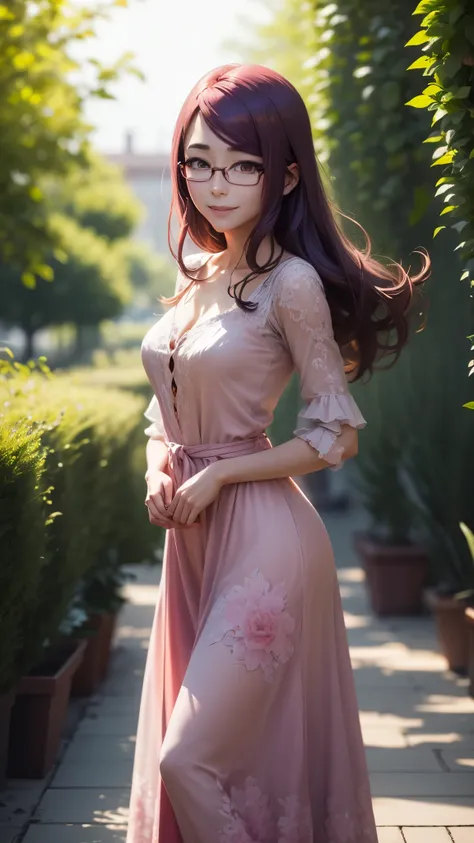 generate a masterpiece solo anime character Rize Kamishiro from Tokyo Ghoul anime series, standing pose, wearing a long pink dress with beautiful patterns or designs, looking at viewers, solace in her eyes, confidence smile, beautiful garden in background,...