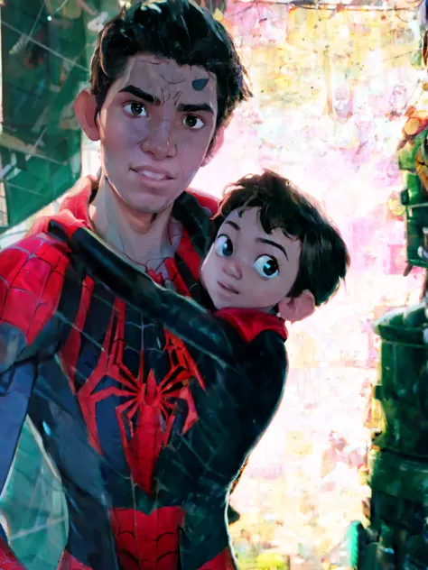 Cinematic Spider-Verse style. Comic art. TME0224 face, (((a baby boy, 3yo))), wearing a spider-man costume. super hero in epic pose. (((Comic Spider-web background))). cinematic lighting, drop shadow, masterpiece, UHD, anatomically correct, textured skin, ...