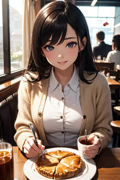 Very cute and beautiful girl sitting on a chair in a restaurant,(very detailed美しい顔と目),
white blouse,smile,(beige cardigan:1.2) BREAK dynamic angle,hair ornaments,black hair,black pleated mini skirt,
wooden table,(cup of tea),(apple pie on a plate),some peo...