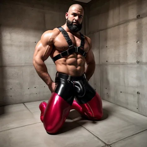 un homme musclé et crâne rasé agenouillé dans une pièce faite de murs en béton . L&#39;homme a une épaisse barbe noire. il porte un legging et un harnais moulants en caoutchouc rouge brillant.