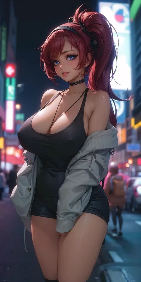 (masterpiece, best quality, ultra-detailed, 8k wallpaper, anime realism), 1 girl, curvaceous but slender body, huge breasts, nude art, topless, fleece jacket, shorts, thighhighs, hairband, choker, twintails, backpack, city streets, street lights, late nigh...