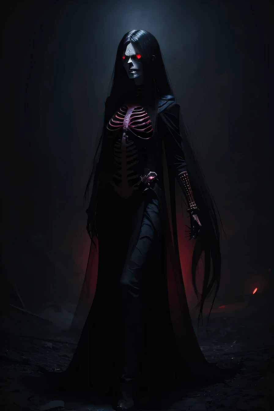 dark entity, nightmarish, horror, red eyes, female, skeleton face, long hair, thin neck, floating full body