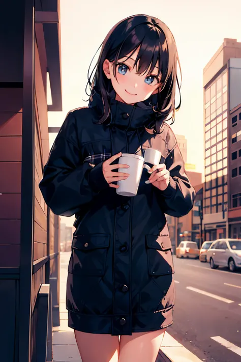 (morning), 1 girl, alone, looking at the viewer, winter, cowboy shot, (downtown), cowboy shot, smile, black hair