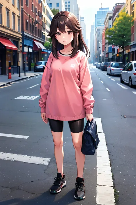 masterpiece, best quality, highres, ultra-detailed, bbleaf, long hair, sidelocks, eyelashes, pink shirt, bike shorts, shoes, black footwear, standing, pov, 