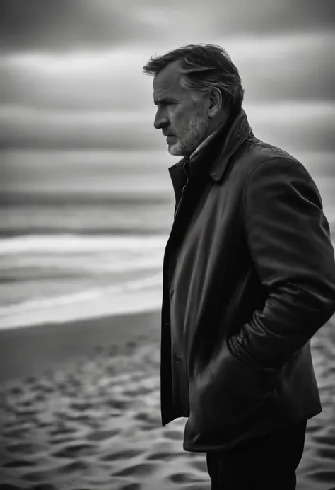  lonely father, masculine, wise, wide angle black and white, photo realistic, fine details, beach overcast