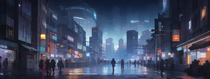 Anime city street scene，People walking on sidewalks and buildings, future city streets, Busy cyberpunk metropolis, Stylized urban fantasy artwork, cyberpunk city streets, sci-fi cyberpunk city streets, In a fantasy sci-fi city, In a futuristic cyberpunk ci...