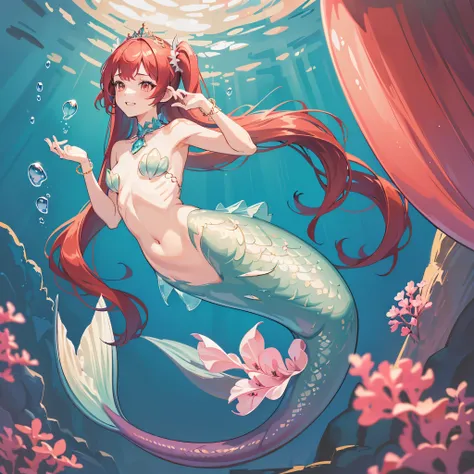 (best quality,4k,8k,highres,masterpiece:1.2),ultra-detailed, Pretty 15 years old princess magically transformed into a beautiful mermaid, race swap, fantastic transformation, none human, steampunk, fish like, wet body, surrounded by small bubbles, long mer...