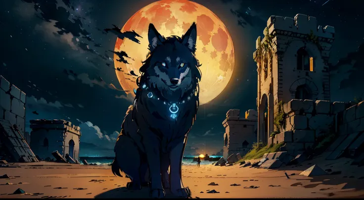 A wolf with blue eyes walking on the beach with a single yellow full moon visible behind him, A starless night sky, full moon, The ruins of a ship in the sand, Masterpiece, Wide viewing angle, Award-Standing, Best Quality.