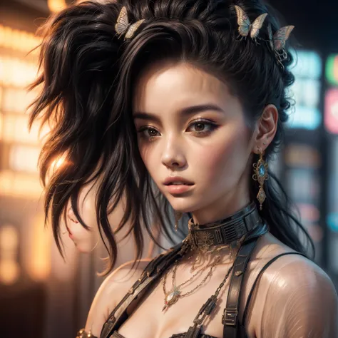 hyperrealistic image of a cyberpunk Japanese geisha, with full lips, silky skin, beautiful flowing hair, beautiful hands and nails, wearing a beautiful white kimono, wearing earrings, wearing bracelet, with butterflies flying around her hair, exquisite art...