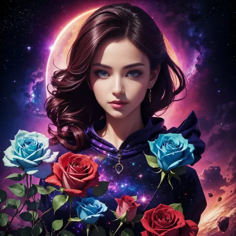 A rose, acrylic, extreme beauty, divine aura, background with an image of deep space, vibrant colors, professional camera with 30mm lens, fullHD resolution