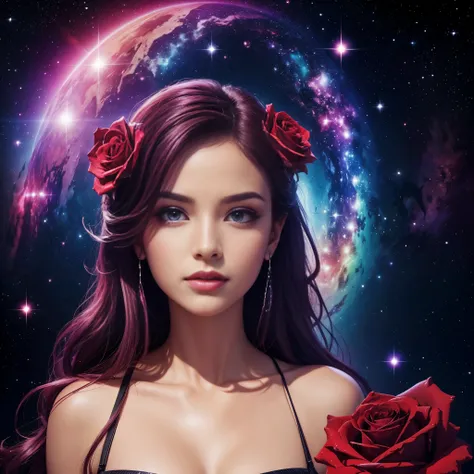 A rose, acrylic, extreme beauty, divine aura, background with an image of deep space, vibrant colors, professional camera with 30mm lens, fullHD resolution