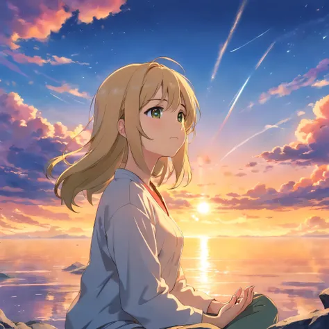 Image of a lovely girl meditating facing towards me., masterpiece, better quality, movie stills, 20 years, cloud boy, floating in the sky, close, bright, Happy, soft lighting and warmth, sun sunset, (spark: 0,7), The Power of Light, blonde, beige clothes.