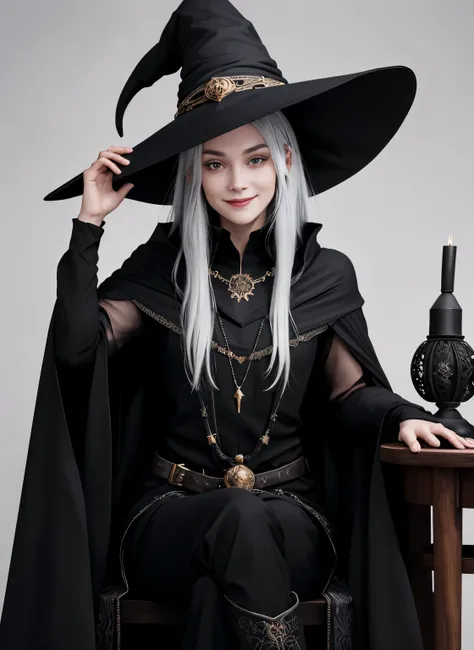 a 20 year old female wizard. wearing a long black cape. wearing a long black dress covering legs. Black clothes.  Wearing a witches hat on head. half of her face is in shadow. white background. Body Facing straight on to camera. Eyes looking straight at ca...