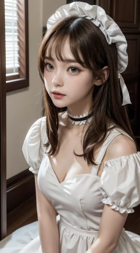 Beautiful white and shining skin、Chestnut hair that changes depending on the light、Long bangs between the eyes that obstruct the view、Cheek gloss highlights、Sexy and very beautiful nice gorgeous face、the most beautiful face in the world、short bob、Smooth st...