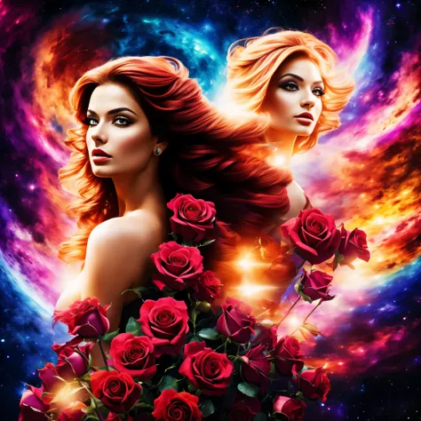 A woman and aa rose, acrylic, extreme beauty, divine aura, background with an image of deep space, vibrant colors, professional camera with 30mm lens, fullHD resolution