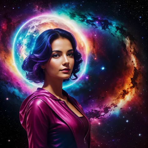 A woman and aa rose, acrylic, extreme beauty, divine aura, background with an image of deep space, vibrant colors, professional camera with 30mm lens, fullHD resolution