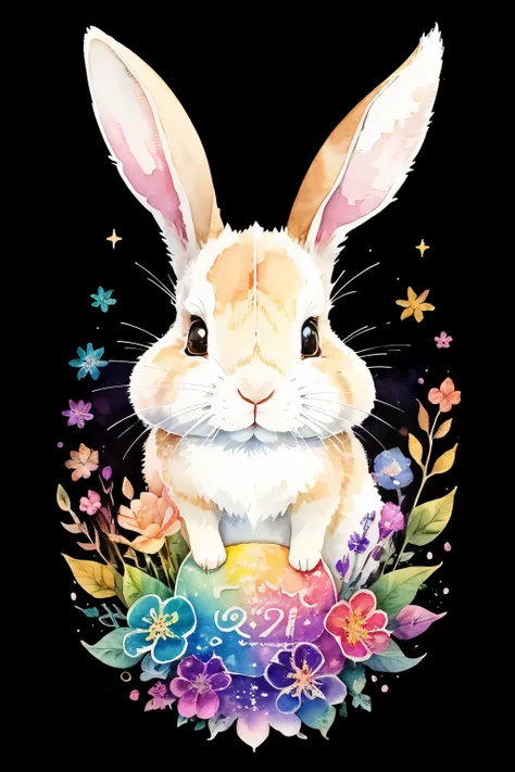 ((animal,watercolor painting,Rabbit,rabbit, cute)),かわいいRabbit,colorful flower art,front view, action shot, Bright colors, high detail, black background, logo design, Neo-Traditional Tattoo Styles, 2D, planar vector, Character Design, fantasy art, watercolo...