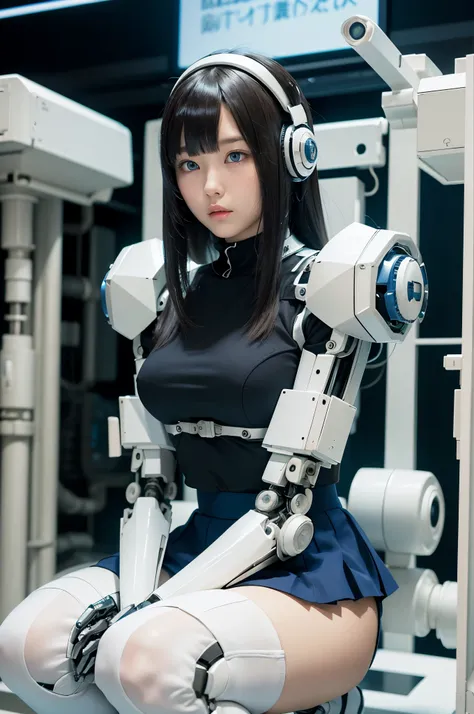 masterpiece, best quality, extremely detailed, Japanese android girl,Plump ,control panels,Squat,Mechanical Hand,Robot arms and legs, white robot body,blunt bangs,skirt,knee high socks,blue eyes