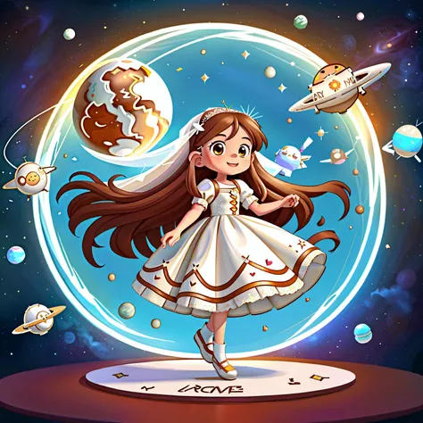 Girl with long brown hair，Put on a white wedding dress，bride，（Take the straw），（holding coca cola），flying in space and time（in flight)（time Tunnel），（with love）happy，surrounded by love，surrounded by love，O sign，vector，line art，design，inspiration，straight lin...