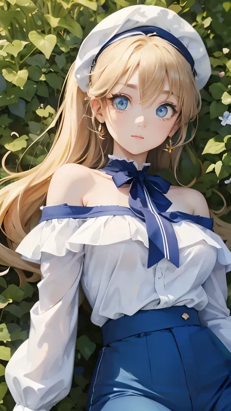 (masterpiece:1.2), (highest quality:1.2),, Curvy but slender body, perfect eyes, perfect face, perfect lighting, 1 girl, in the garden, （off shoulder），（whole bodyが見える），（hat），（long pants），（uniform），（ponytail），curly hair, fine clothes, detailed outdoor backg...