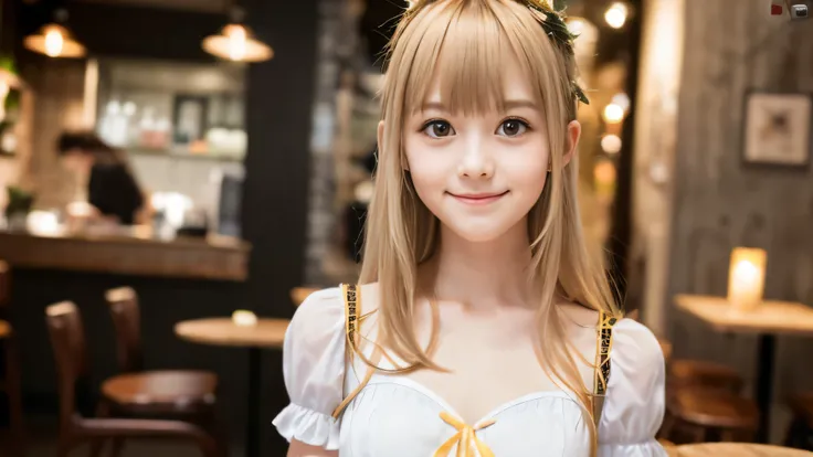 (dressed as a French maiden、A face shot of a slender small-breasted girl with long blonde hair with bangs in a half-up style:1.5)、(One blond haired girl standing in a cafe with a small smile:1.5)、(night cafe:1.5)、(blurred background:1.5)、(perfect anatomy:1...
