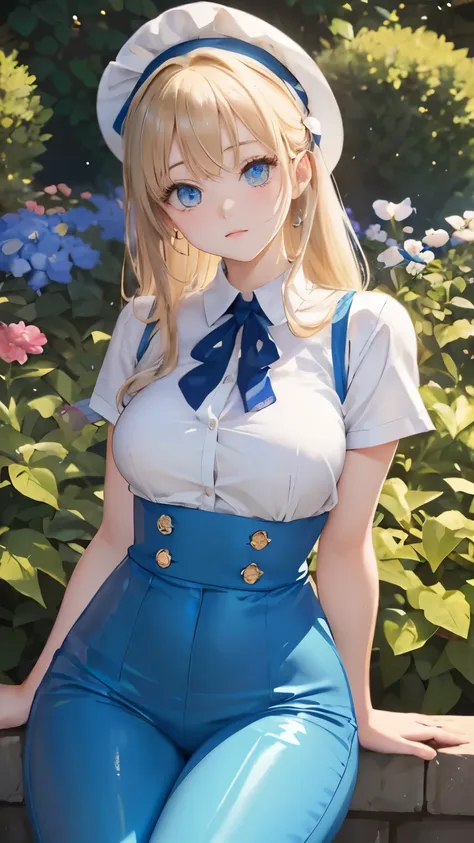 (masterpiece:1.2), (highest quality:1.2),, Curvy but slender body, perfect eyes, perfect face, perfect lighting, 1 girl, in the garden, （shirt），（whole bodyが見える），（hat），（long pants），（uniform），（ponytail），curly hair, fine clothes, detailed outdoor background, ...