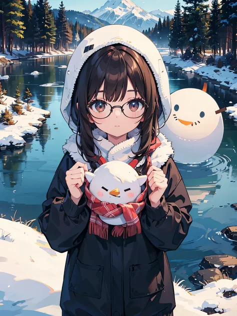 1 woman、brown hair(long)、brown eyes、black round glasses、 best quality、Super detailed、8K resolution、Raw photo、muste piece、seductive 、gorgeous face、perfect body、winter landscape、snowman