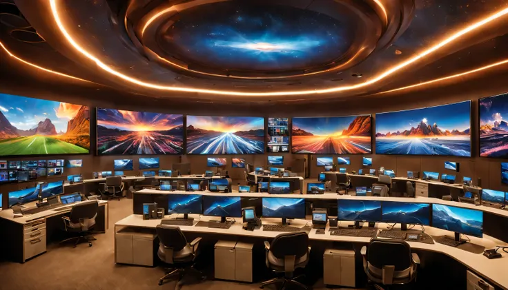 there are many televisions and monitors in this room with a lot of desks, sitting at a control center, crt screens in background, tv screens in background, 8 k post production, 8k post production, sports broadcast, a wide shot, 8 k post - production, 8k po...