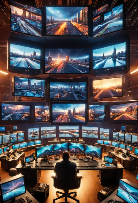 there are many televisions and monitors in this room with a lot of desks, sitting at a control center, crt screens in background, tv screens in background, 8 k post production, 8k post production, sports broadcast, a wide shot, 8 k post - production, 8k po...