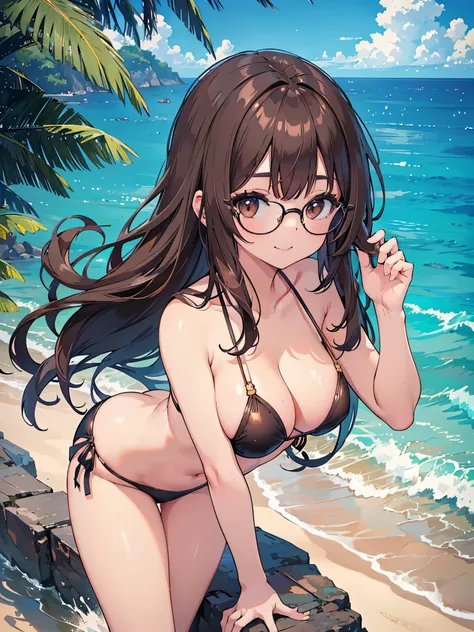 NSFW、1 woman、brown hair(long)、brown eyes、black round glasses、 best quality、Super detailed、8K resolution、Raw photo、muste piece、seductive 、gorgeous face、perfect body、Ocean、bikini、smile