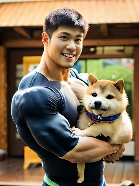 professional photos of [(((buff swoledoge))):buff swoledoge:8], cute  shiba inu，a shirtless skinhead macho man gives a thumbs up...