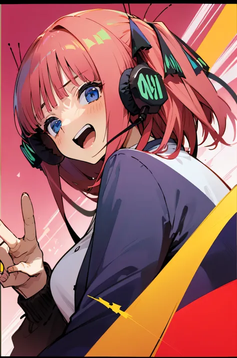 miku nakano、brown hair、headphones、laughter、peace sign、blue cardigan、white shirt