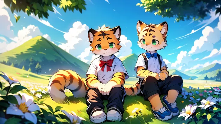 A tiger and a dog, ((two little boys)), cute: the tiger has big emerald green eyes, wears a blue short sleeved shirt, black shorts, white shoes; the dog has big golden eyes, (blue fur), wearing a jumpsuit, black shorts, and a red bow tie, black shoes; They...