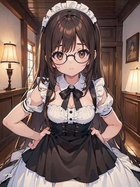 NSFW、1 woman、brown hair(long)、brown eyes、black round glasses、 best quality、Super detailed、8K resolution、Raw photo、muste piece、seductive 、gorgeous face、perfect body、Maid clothes