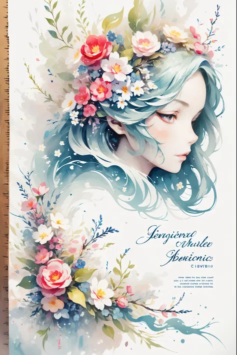 watercolor calligraphy，absurd, high resolution, Super detailed, 1 girl, Design with beautiful calligraphy, Comes with expressive fonts, benevolent prosperity, and craftsmen and skills