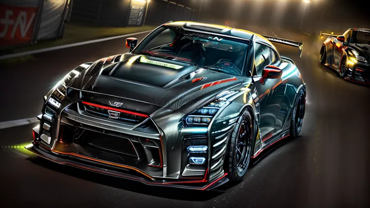 (((a photo realistic image of a nissan gt-r nismo))), ((wide shot)), sharp, detailed car body, detailed tires, (masterpiece, bes...