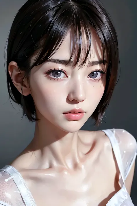 ８ｋ、High resolution、maid clothes fashion、beautiful girl、slender body、young、white skin,、narrow eyes,high nose,lighting that illuminates the face、clear image、intellectual beauty、Eyes staring straight ahead、skinny、no makeup、short hair、anxious look、close-up ima...