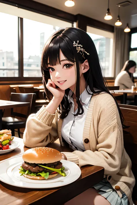 very cute and beautiful girl sitting in a restaurant,(very detailed美しい顔と目),
white blouse,smile,Happy,(beige cardigan:1.2) BREAK dynamic angle,hair ornaments,black hair,black pleated mini skirt,
Tea cup,(hamburger on a plate),some people at far away tables々...