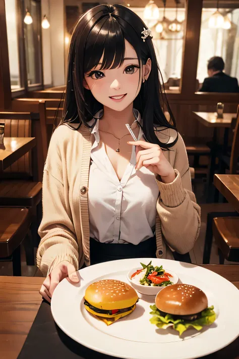 very cute and beautiful girl sitting in a restaurant,(very detailed美しい顔と目),
white blouse,smile,Happy,(beige cardigan:1.2) BREAK dynamic angle,hair ornaments,black hair,black pleated mini skirt,
Tea cup,(hamburger on a plate),some people at far away tables々...