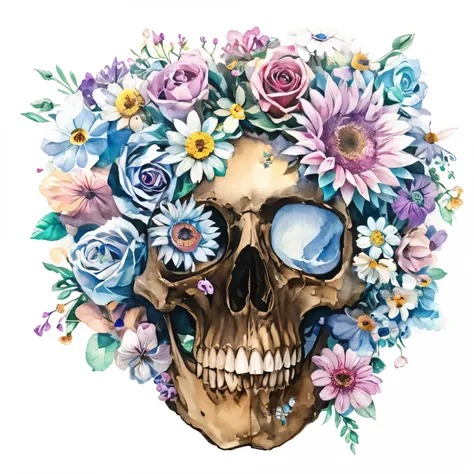 skull made of many flowers、watercolor painting