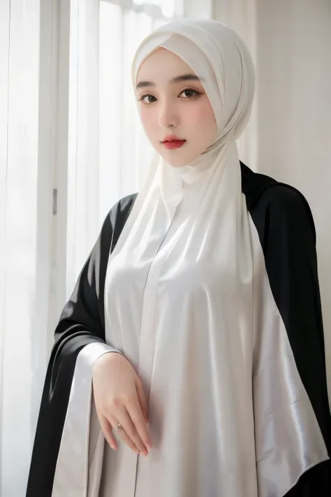 RAW photo of a 24 year old girl wearing hijab, satin abaya, satin, hijab face portrait, neutral background, 8k uhd, dslr, soft lighting, high quality, film grain, Fujifilm XT3, 