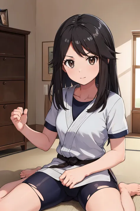 masterpiece, best quality, expressive eyes, perfect face, bbleaf, long hair, black hair, brown eyes, sidelocks, eyelashes, white dougi, short sleeves, black belt martial arts, bike shorts, torn bike shorts, room, bedroom, indoors, looking at viewers, sitti...