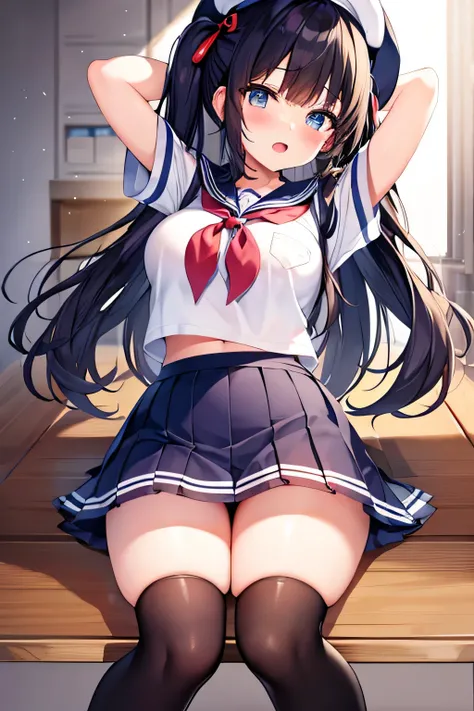 masterpiece、Highest image quality、ultra high resolution、teen schoolgirl with big tits、twin tail hairstyle、black hair、red face、mock、Open your mouth just a little、Short sleeve sailor school girl uniform、 for teenage schoolgirls、Knee high socks for teenage sc...