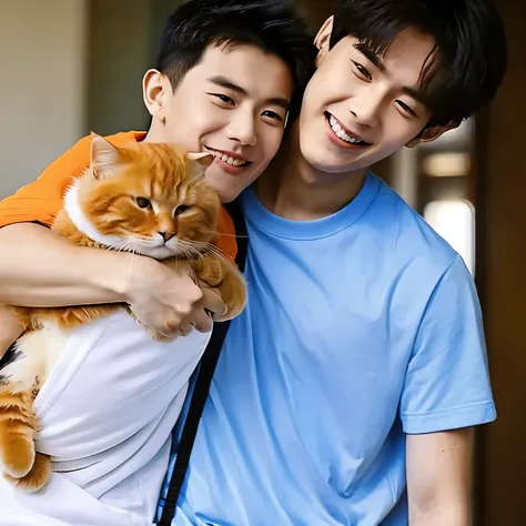 Photography of 17 yo man, perfect face, smiling, cute, wearing black t shirt and cream pants. Carrying a pouting orange cat. 