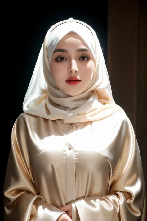 RAW photo of a 24 year old girl wearing hijab, satin abaya, satin, hijab face portrait, neutral background, 8k uhd, dslr, soft lighting, high quality, film grain, Fujifilm XT3, covered dress, decent dress