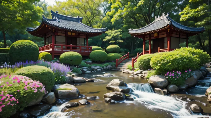 Park wilh Korean archilecture, Il y a une  route, il&#39;il pleut, Il y a un jardin fleuri, Il y a un petit ruisseau, vrai, Detail, Niveau net 8k