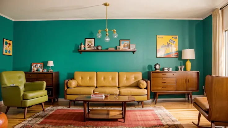 Step back in time with this retro-inspired living room, complete with mid-century modern furniture, vintage décor, and bold retro colors, offering a nostalgic yet stylish ambiance. Keywords: retro, mid-century modern, vintage, bold colors, nostalgia.