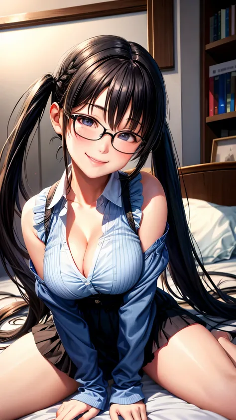 Realistic、woman、look up from below、face zoom、cleavage emphasis、sit on bed、sexually、smile、face reality、wearing glasses,low twintails,blush,black hair